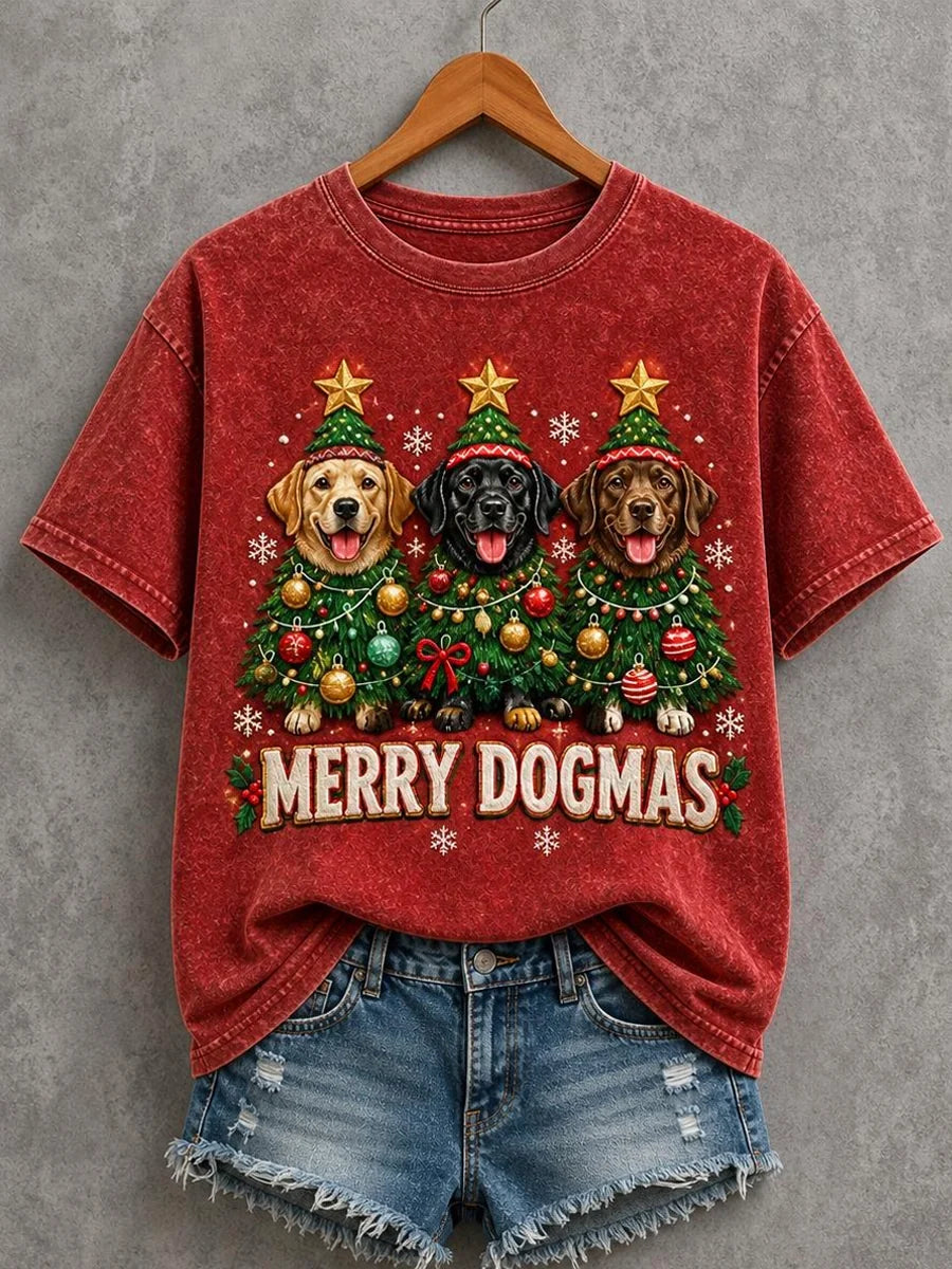 Women's Funny Christmas Merry Dogmas Labradors Print Dog Lovers Casual Tee