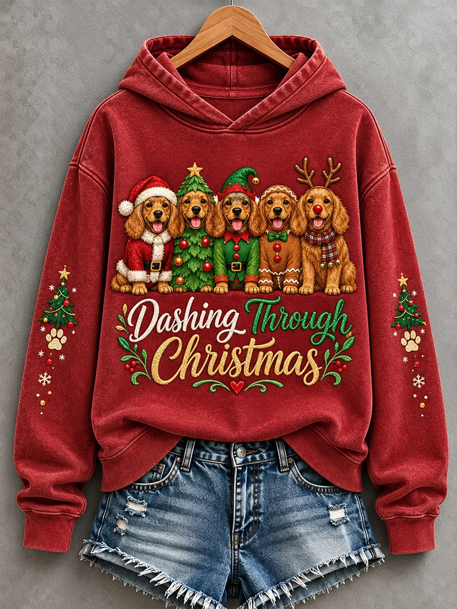 Women's Dashing Through Christmas Golden Retrievers Print Dog Lovers Casual Hoodie