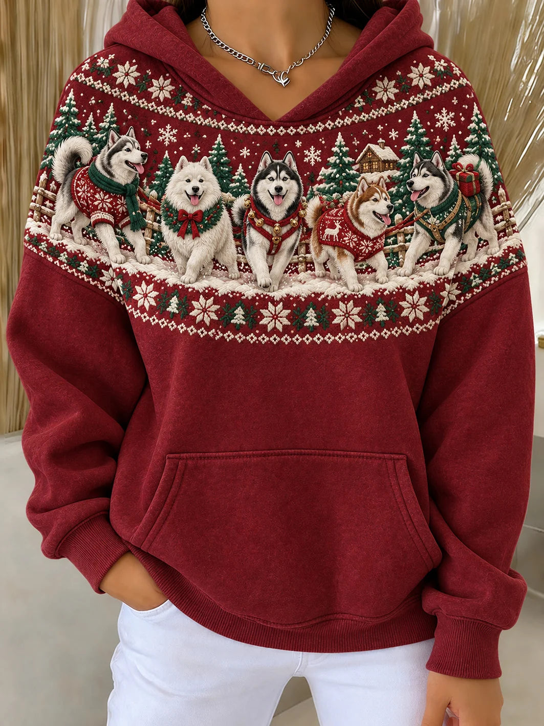 Women's Christmas Siberian Husky Dogs Pattern Design Casual Hoodie