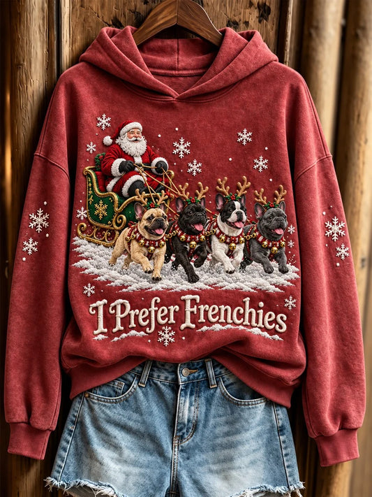 Women's Christmas I Prefer Frenchies Santa Claus & Dogs Print Hoodie