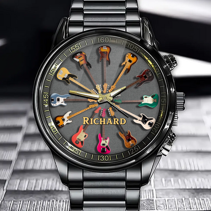 Personalized Rock Around the Clock Bass Guitar Watch for Music Lovers Gray background