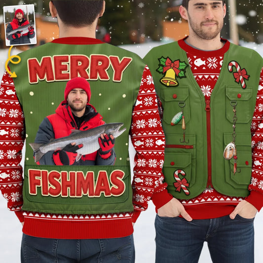 Custom Photo Unisex Ugly Sweatshirt - Personalized Christmas Birthday Fishing Gifts For Fisherman - Santa’s Fishing Buddy Since Forever