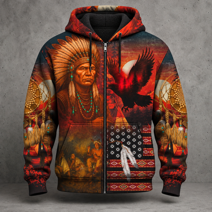 3D Hoodie Native American Faux Leather Vest Hoodie, Southwestern Tribal Eagle Feather Graphic