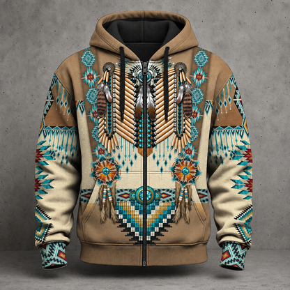 3D Hoodie Native American Faux Leather Vest Hoodie, Southwestern Tribal Eagle Feather Graphic