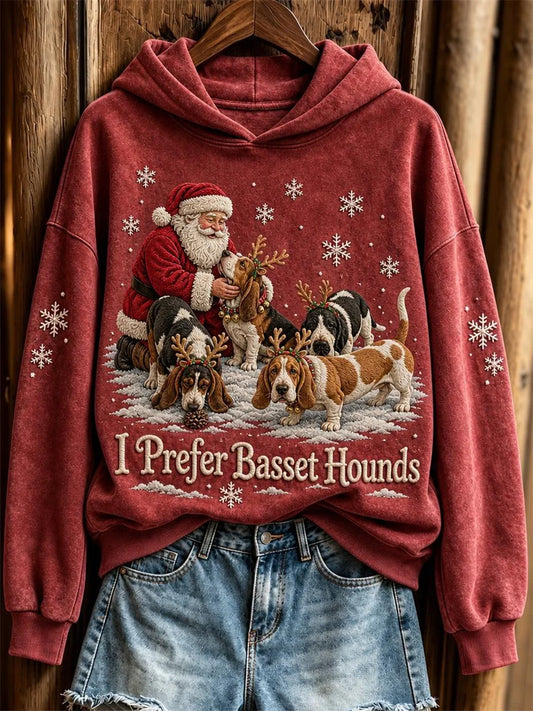 Women's Christmas I Prefer Basset Hounds Santa Claus & Dogs Print Hoodie