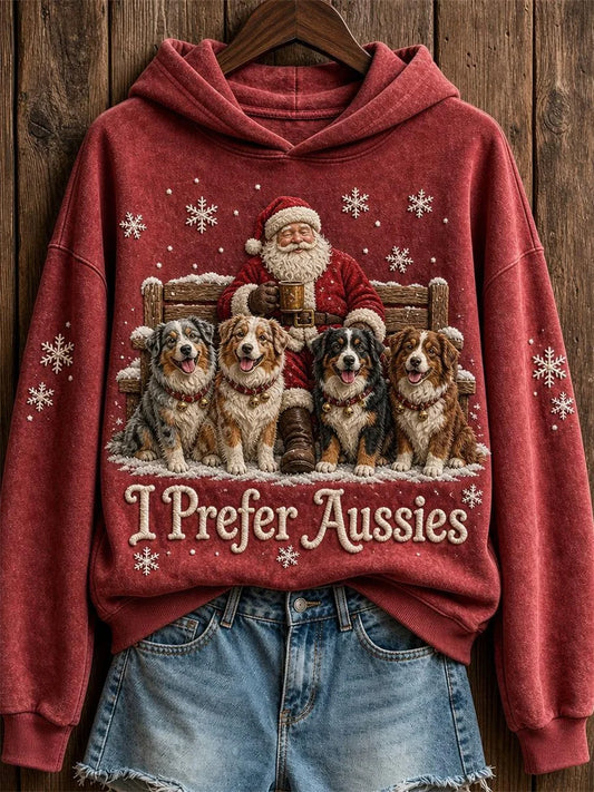 Women's Christmas I Prefer Aussies Santa Claus & Dogs Print Hoodie